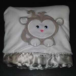 Blankets & Beyond White Tan Monkey Fleece Baby Blanket Lovey 28"x34" Satin Trim